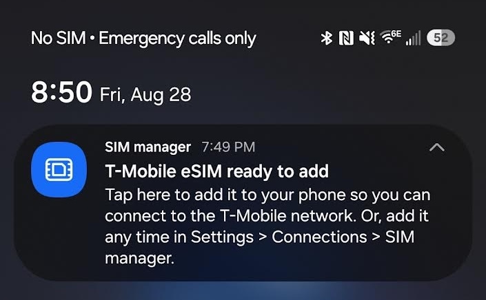 eSIM ready for installation banner on Android