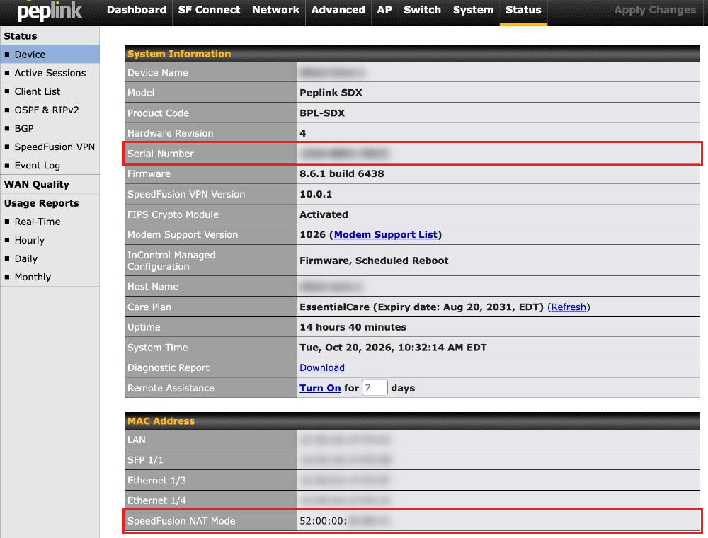 Status > Device page: the Serial Number row and the SpeedFusion NAT Mode row under MAC Address, highlighted