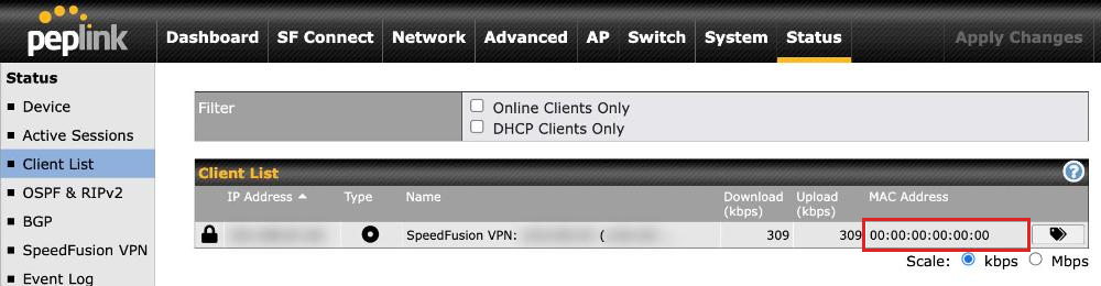 Status > Client List on the remote device: its SpeedFusion NAT-mode address listed with MAC 00:00:00:00:00:00