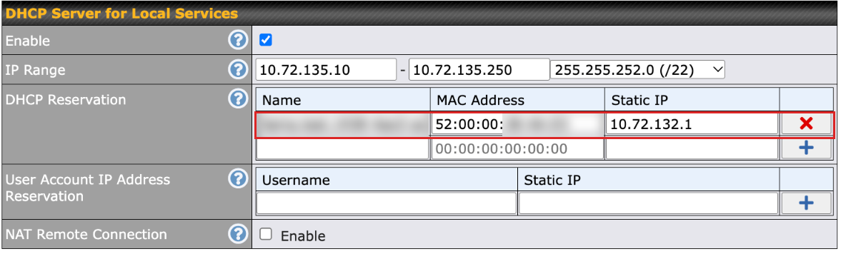 FusionHub DHCP Server for Local Services: a DHCP Reservation row with a name, a 52:00:00 MAC address and a static IP
